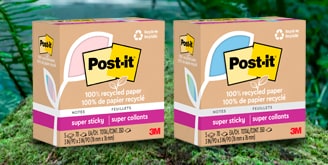Bosque sustentable y packshots notas post-it de colecciones pasión por viajar y oasis.
